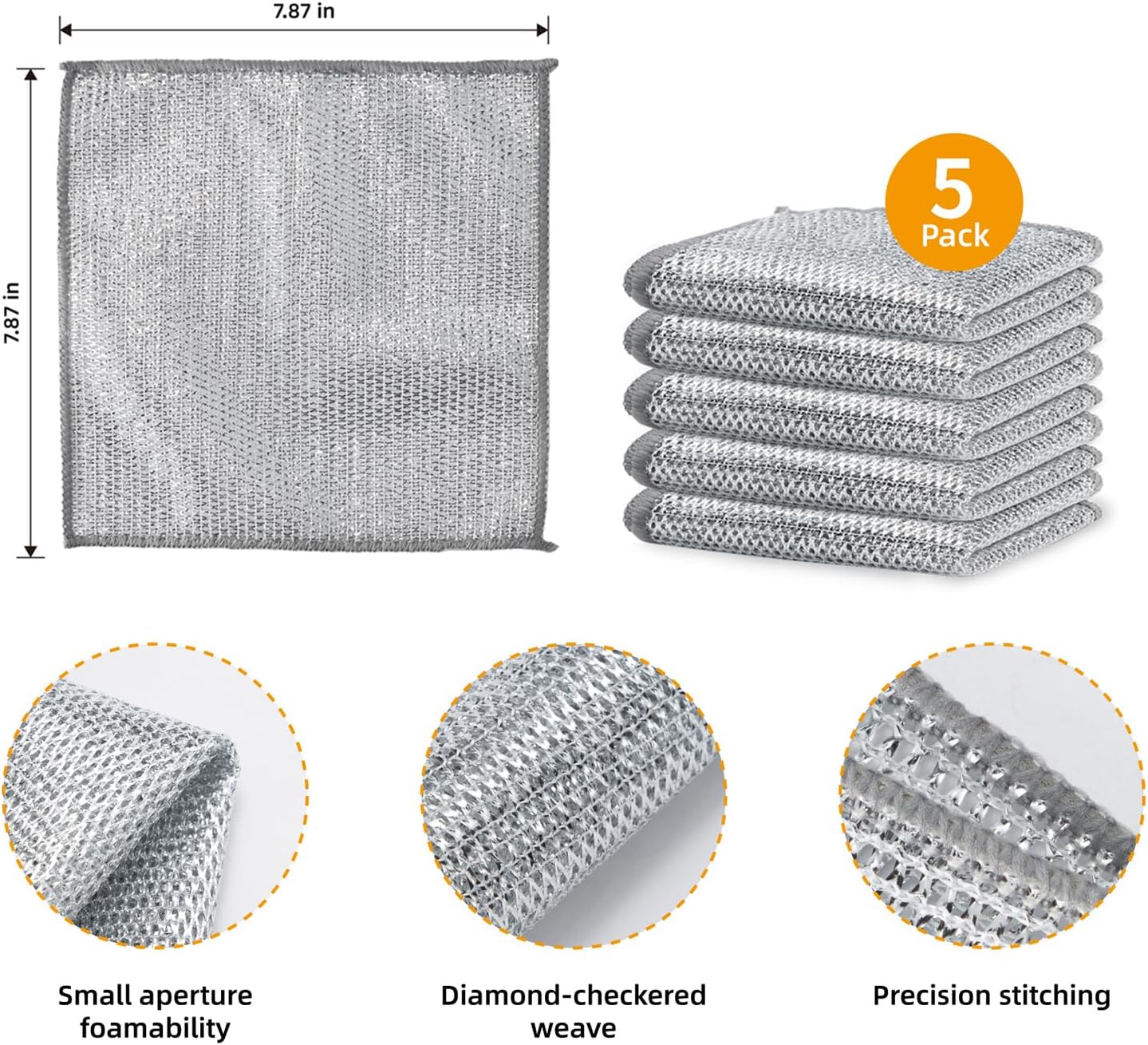 5Pcs Non Scratch Wire Dishcloth, Multipurpose Wire Dishwashing Rags, Steel Metal Wire Cloth Mesh