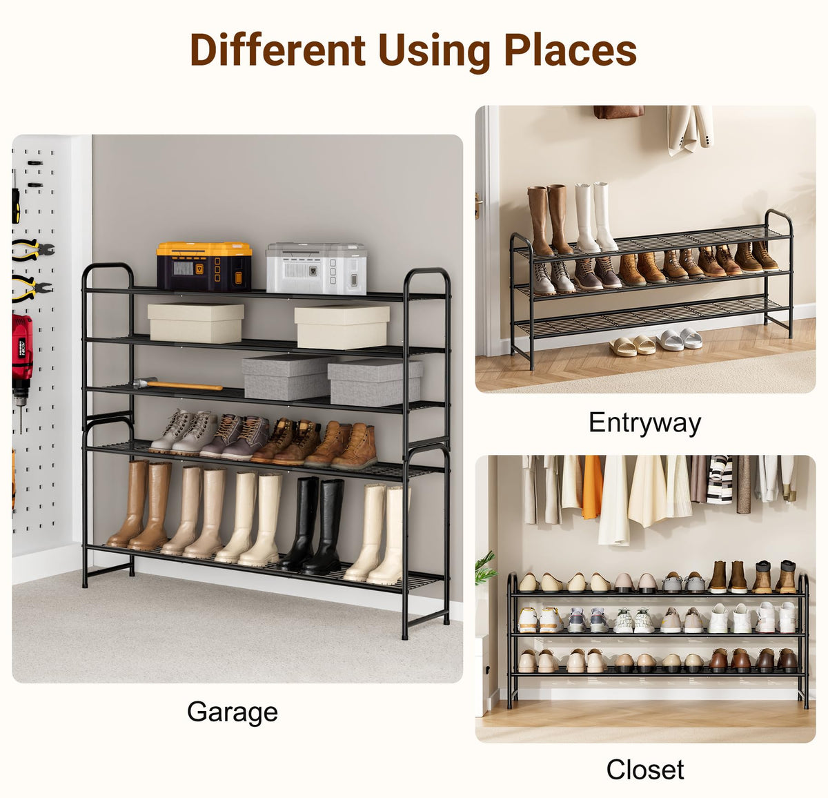 KEETDY 3-Tier Long Shoe Rack for Closet Metal Shoe Organizer for Entryway, Wide Stackable Shoe
