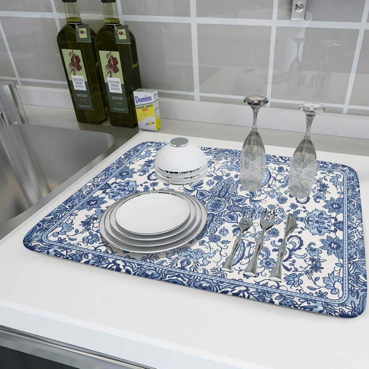 Chinoiserie Floral Dish Drying Mat for Kitchen Counter Blue and White Flowers Pattern Dish Drying