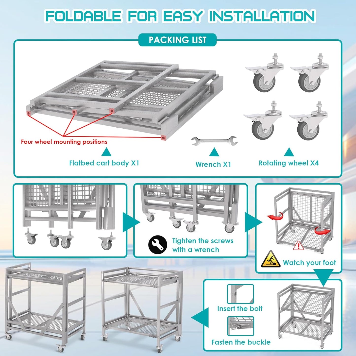 2 Shelf Rolling Cart with Wheels, 660lbs Capacity Collapsible Steel Rolling Utility Cart