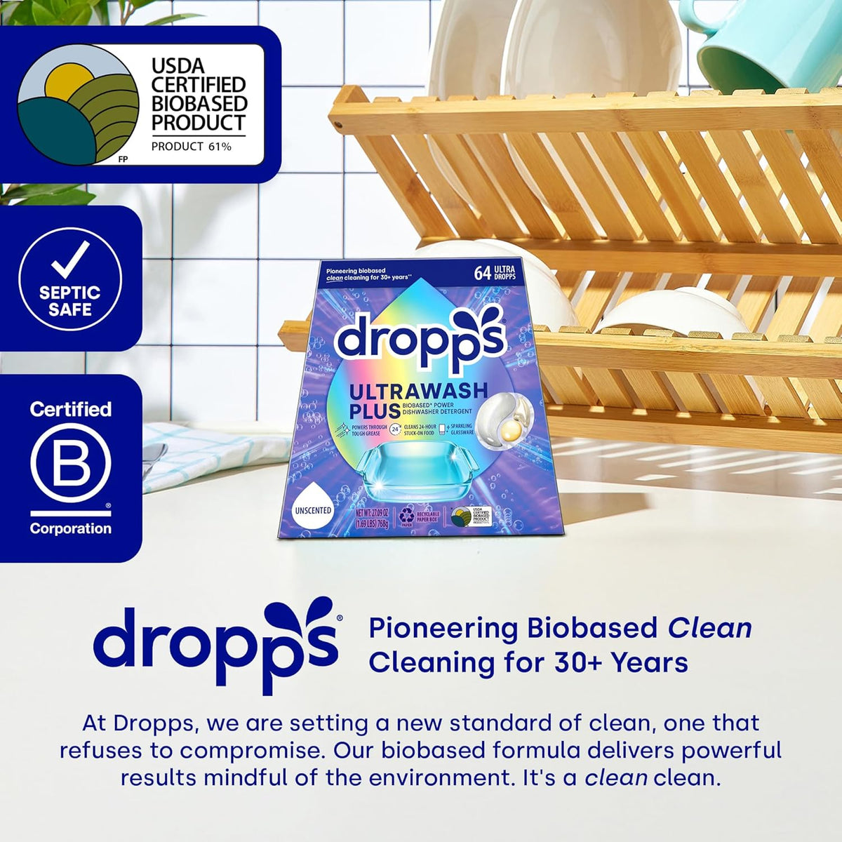 Dropps UltraWash Plus Dishwasher Detergent, Unscented (64 Pods) - Triple Action Biobased Power Deep