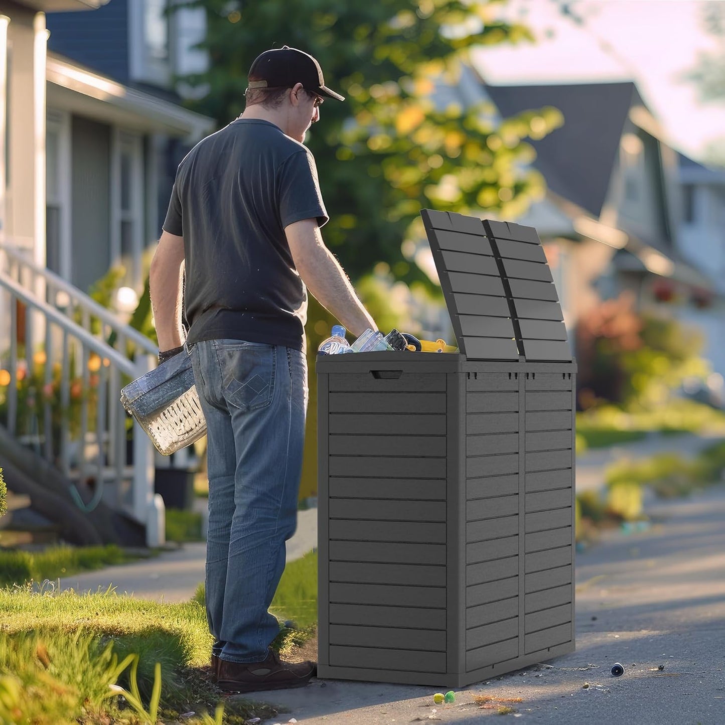 62 Gallon Outdoor Trash Can with Tiered Lid and Drip Tray,Waterproof Resin Waste Bin