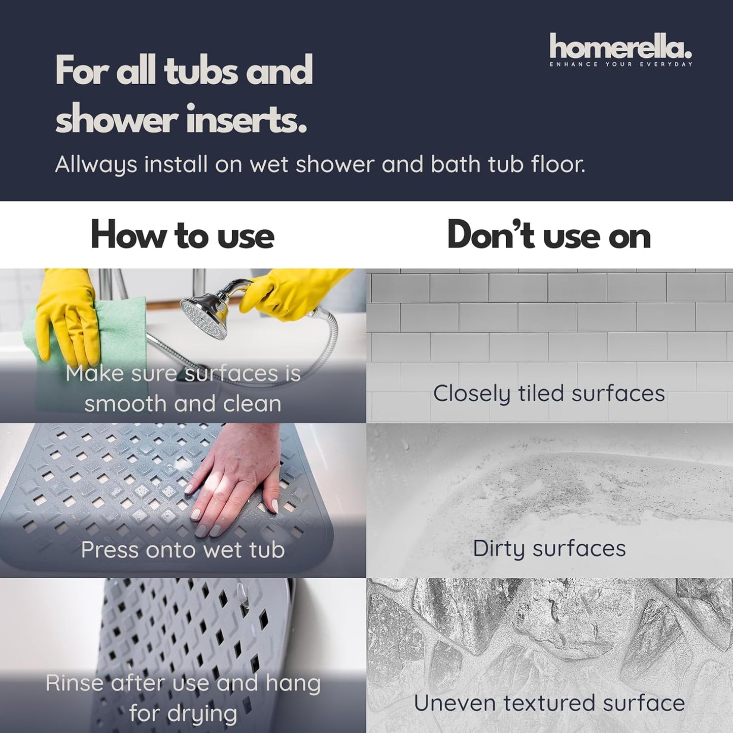 homerella® Bathtub Mat Non Slip 35x16, Incl. Hooks for Drying, Extra Long, 100% BPA Free, Shower