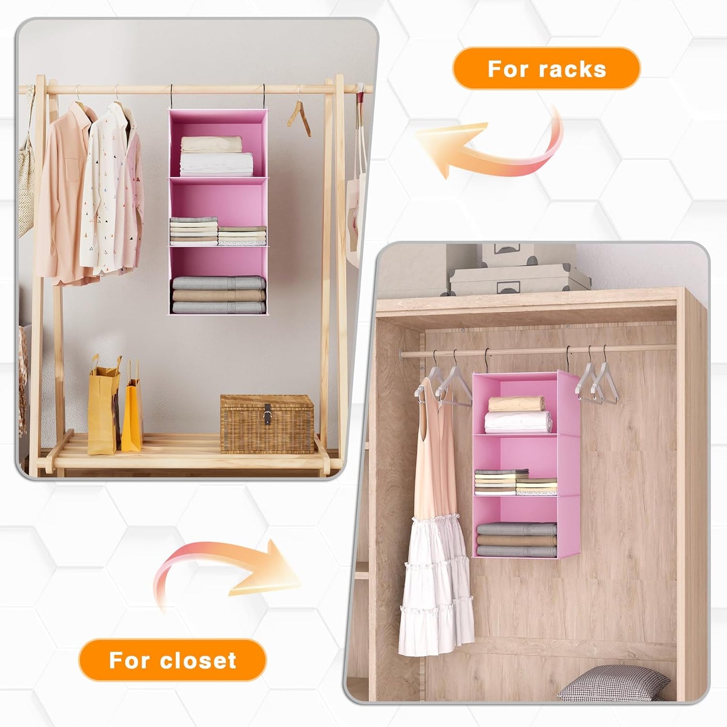 Hanging Closet Organizer and Storage 3-Shelf, Easy Mount Foldable Hanging Closet Wardrobe Storage