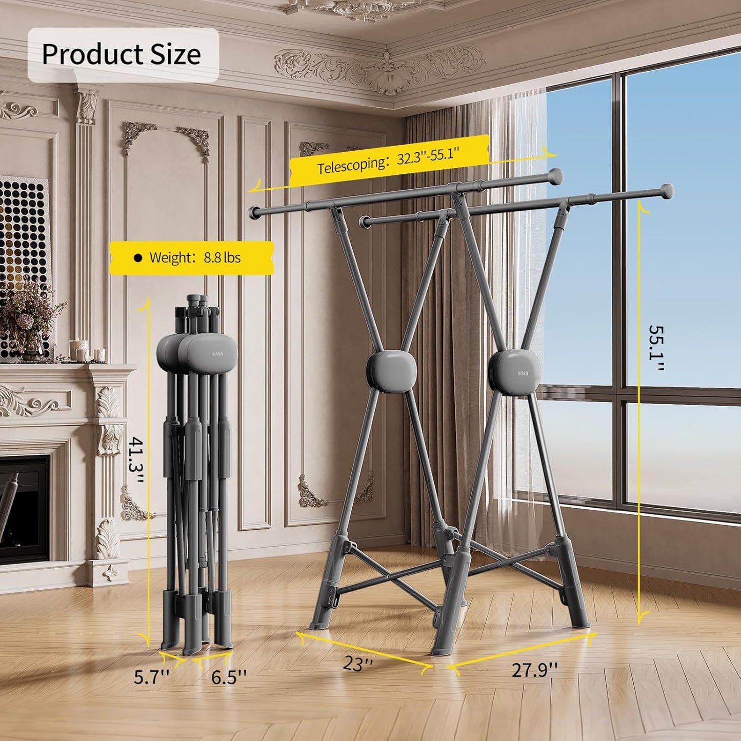 BIREN Clothes Drying Rack Heavy Duty Clothing Racks Extending Laundry Rack Two Drying Modes Garment