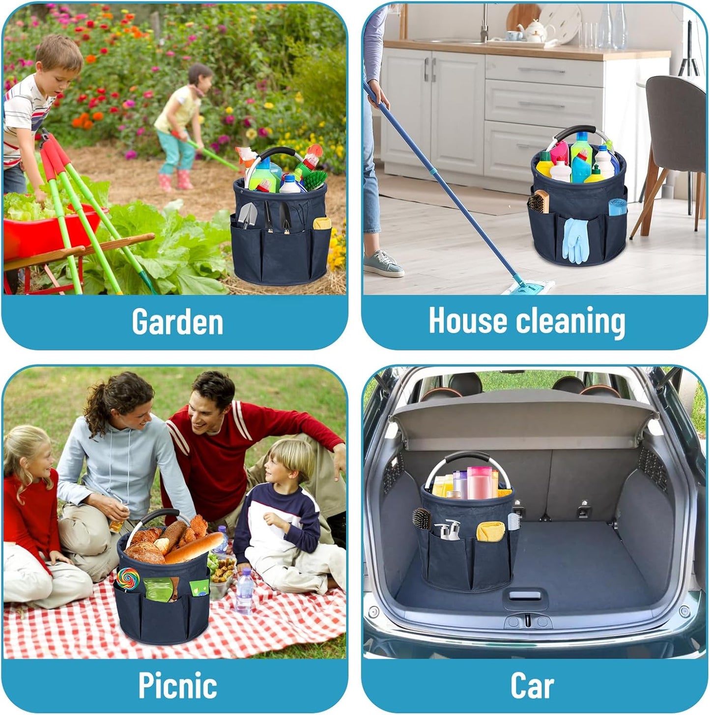 Qivine 17L Cleaning Caddy with Handle, Cleaning Supply Caddy Foldable Tool Bag Cleaning Products
