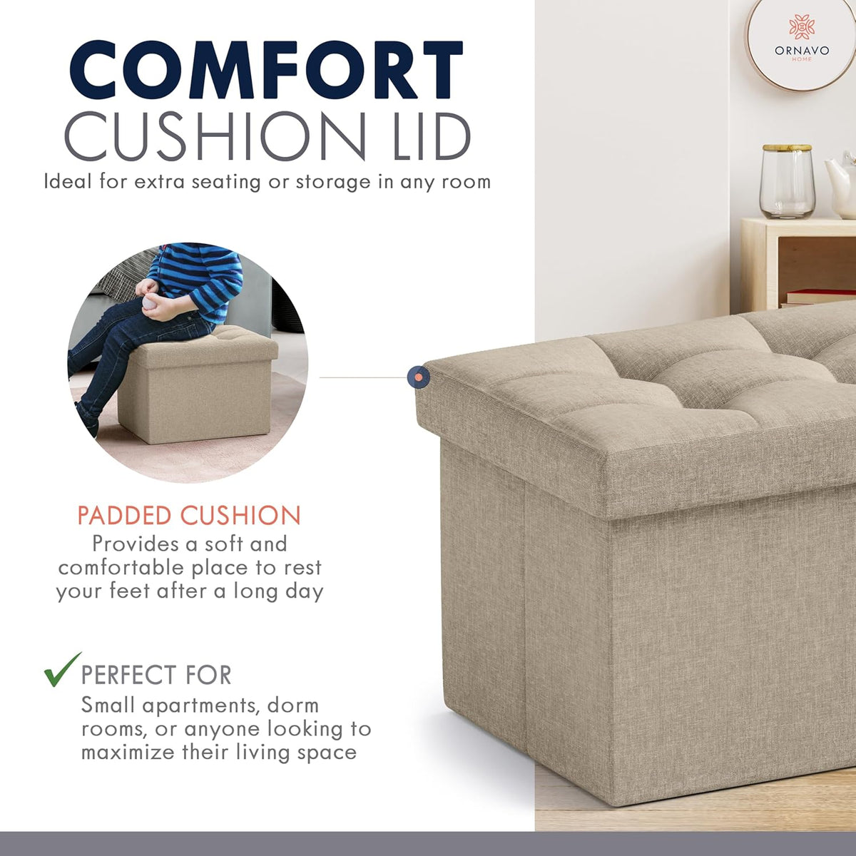 Ornavo Home Small Storage Ottoman Foldable Collapsible Rectangle Linen Ottoman Foot Rest Stool