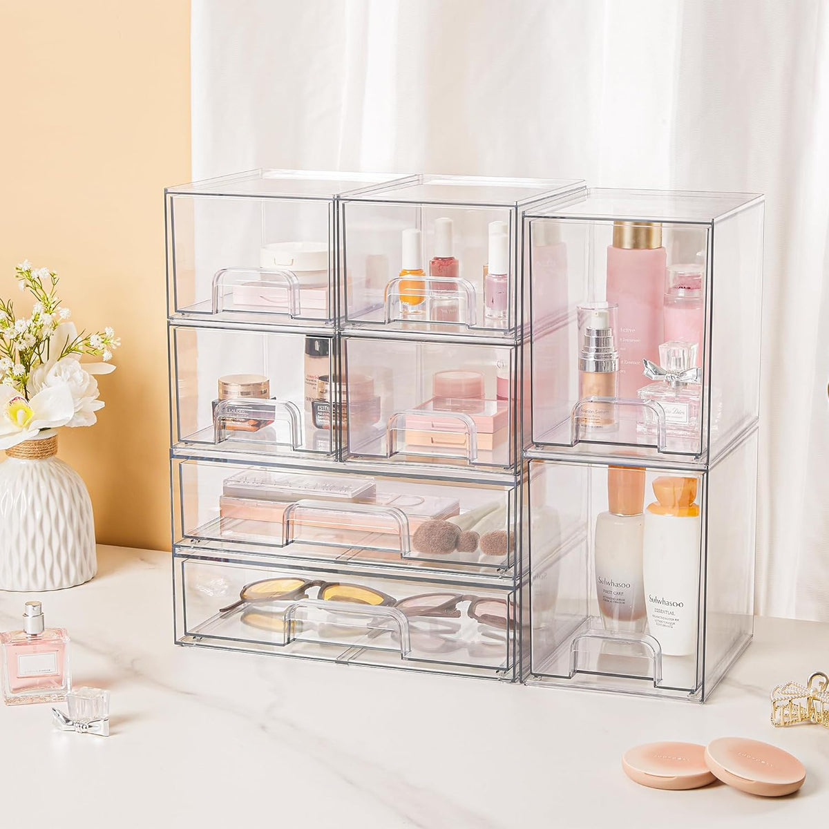 Vtopmart Clear Stackable Storage Drawers Set of 5, Plastic Organizer Bins for Makeup, Cosmetics
