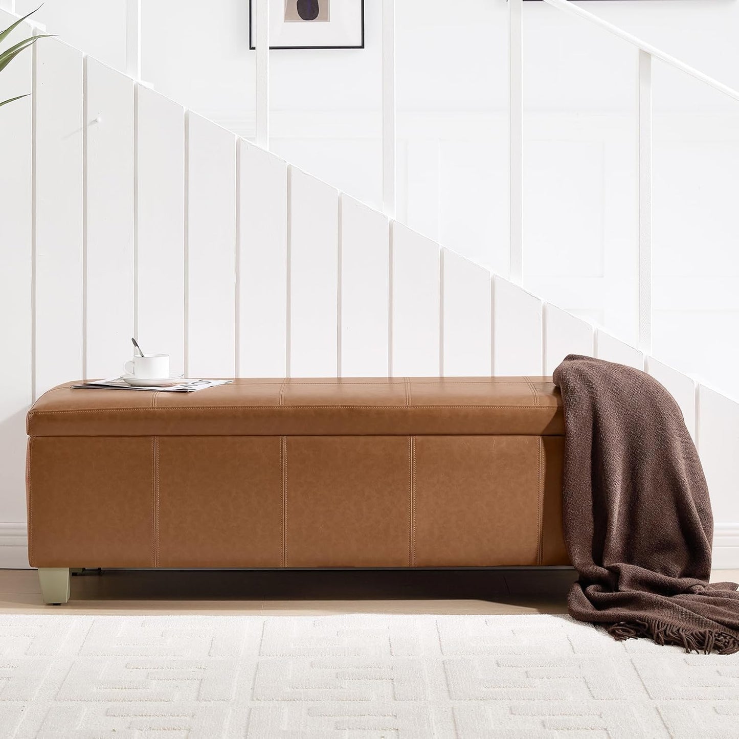 51" Faux Leather Storage Ottoman, Stitch Tufted Rectangle Upholstered End of Bed Storage Bench