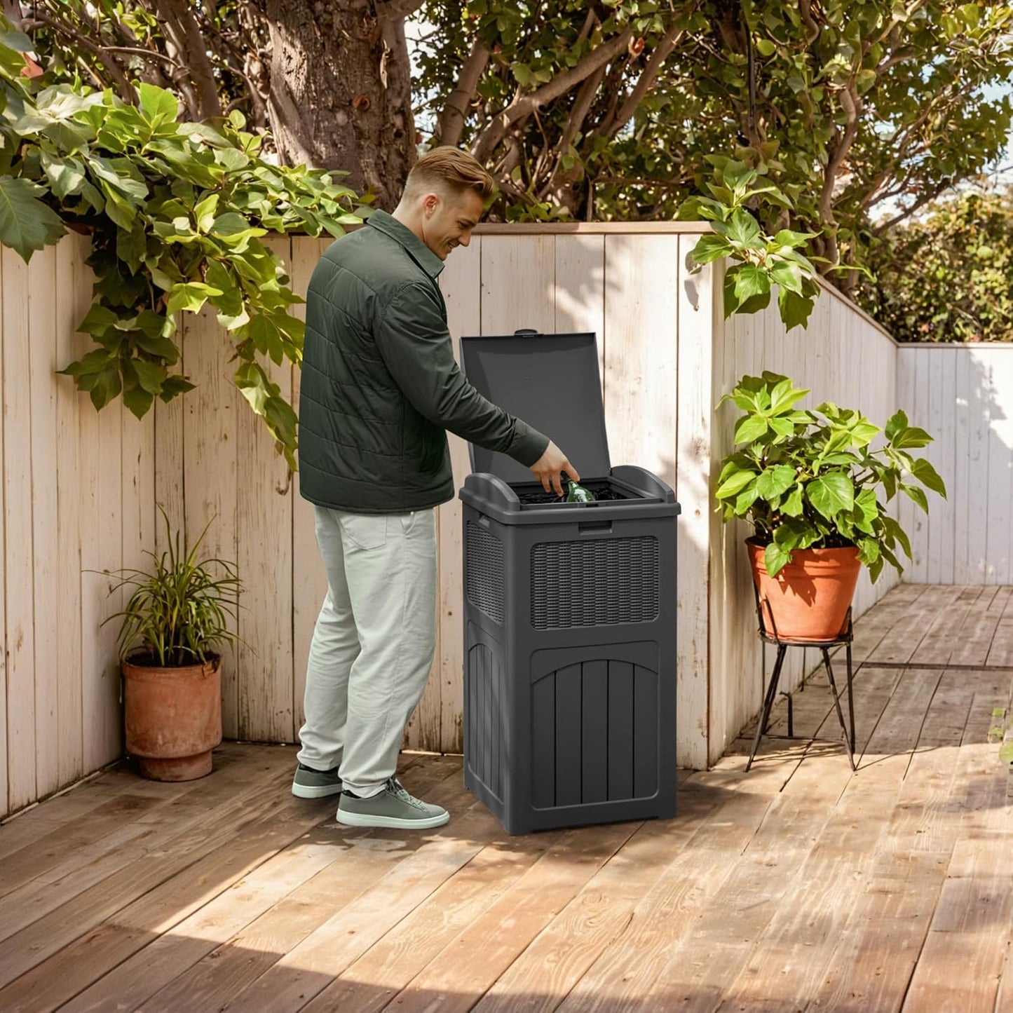 YESHOMY 4 Pack Outdoor Trash Can with Lid, Garbage Bins for Garden, Porch, Home and Kitchen, Gray