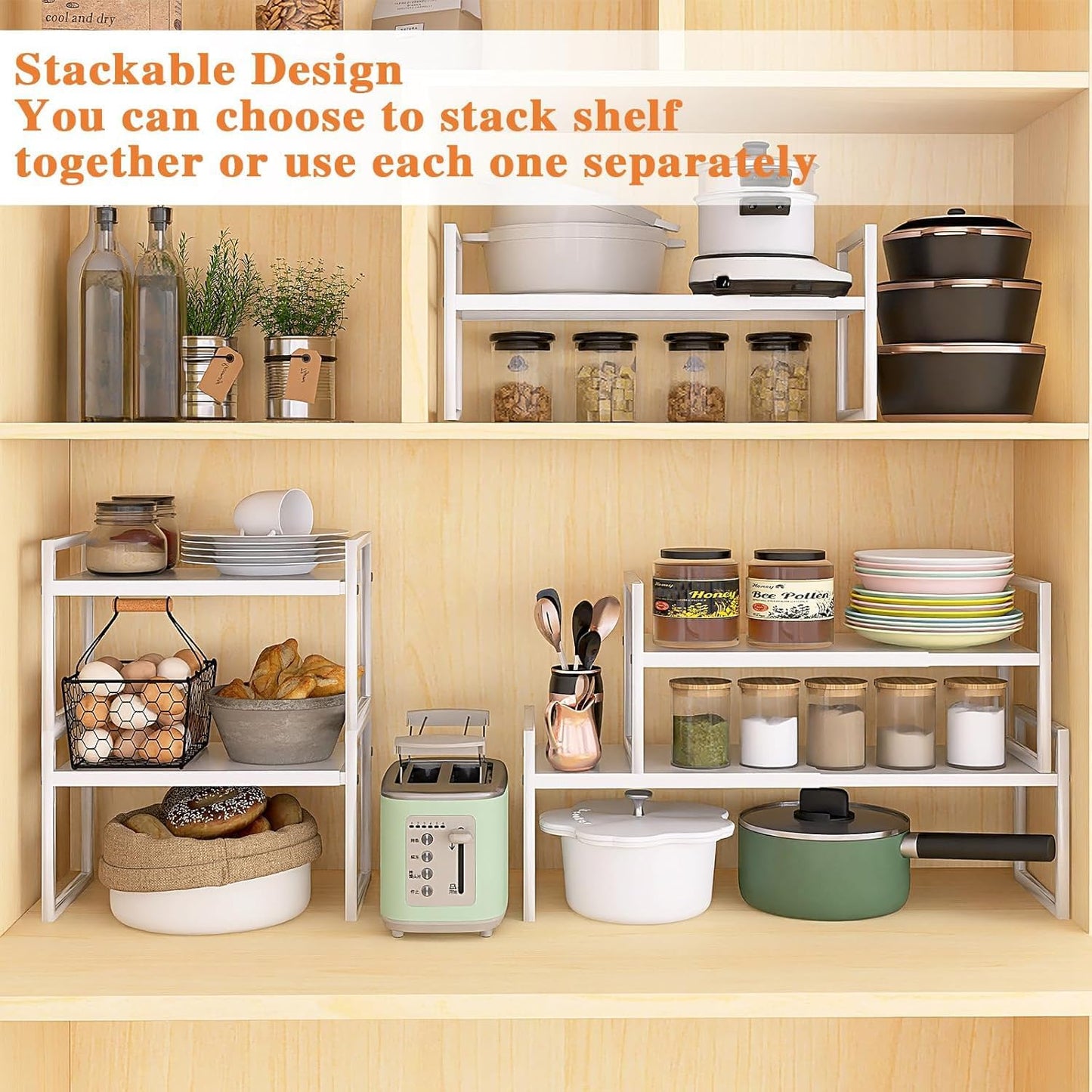 DOLALIKE Expandable Kitchen Countertop Organizer, Stackable Cabinet Shelf Organizers, Space Saving