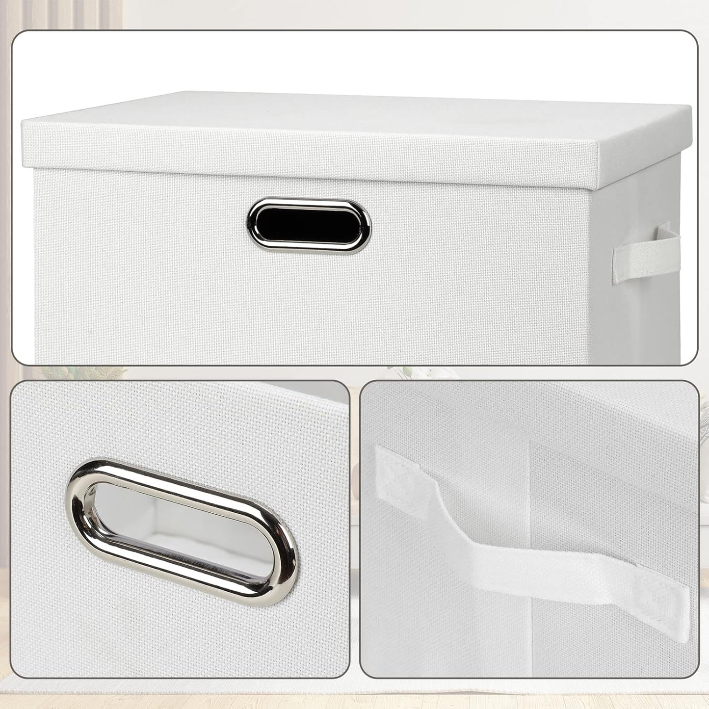 Large 17" 36 Quart Collapsible Stackable Storage Bins with Lids, 5 Packs White Linen Fabric Closet