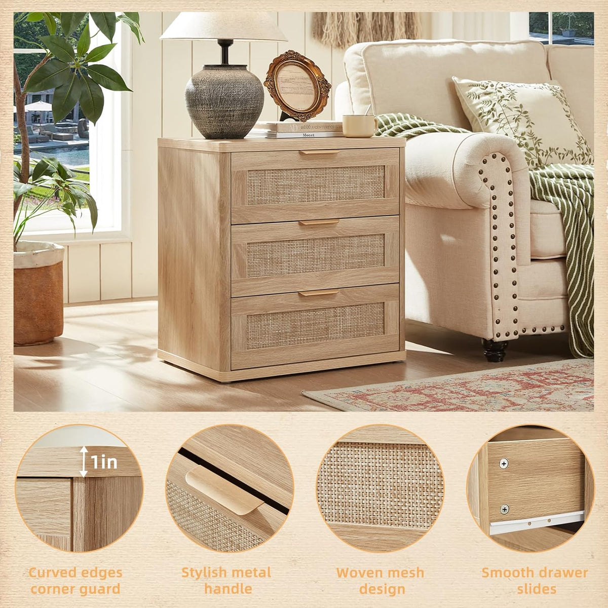 LEYAOYAO Rattan Night Stand Set of 2 with Drawers, 23" Large 3 Drawer Boho Nightstand, Natural Wood