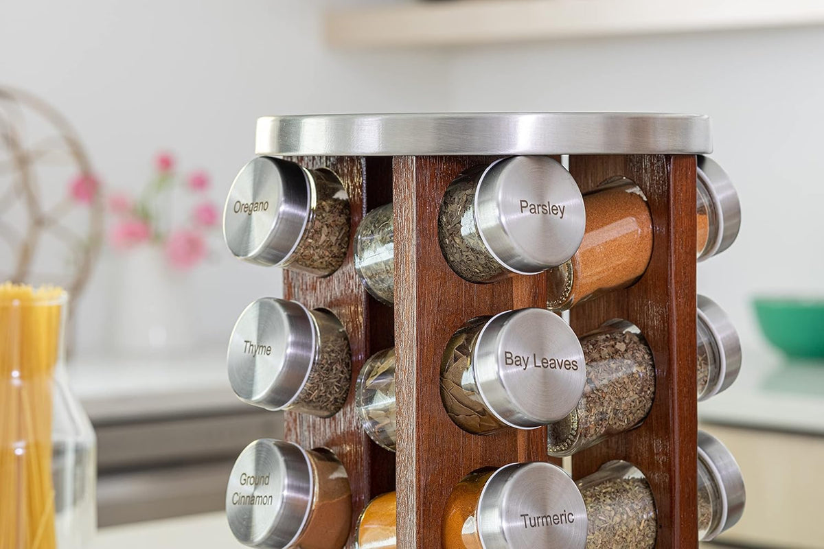 Orii 20 Jar Dark Acacia Wood Spice Rack with Spices Included - Rotating Tower Organizer for Kitchen