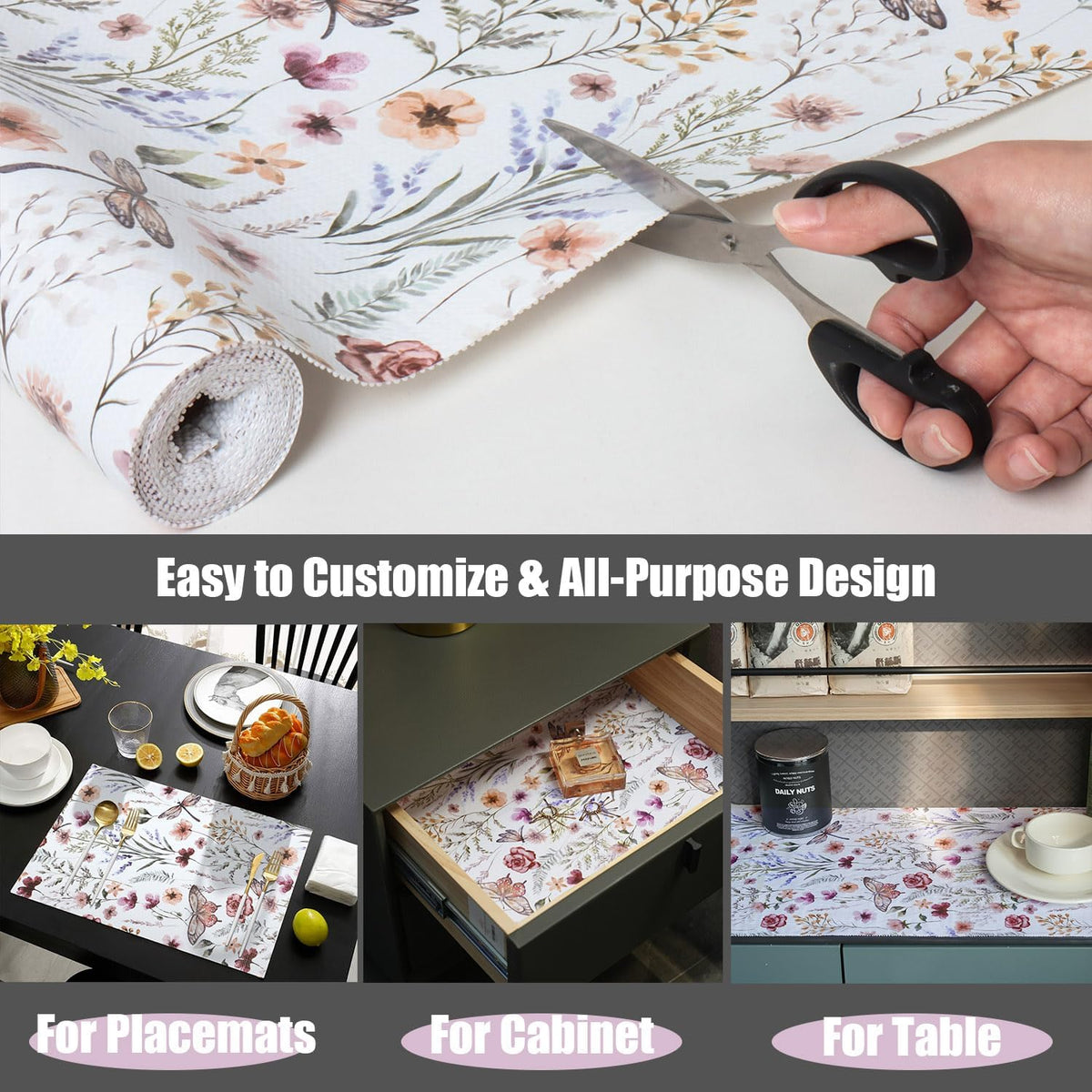 Shelf and Drawer Liner for Kitchen Cabinets, Non-Adhesive and Strong Non-Slip Floral Shelf Cabinet