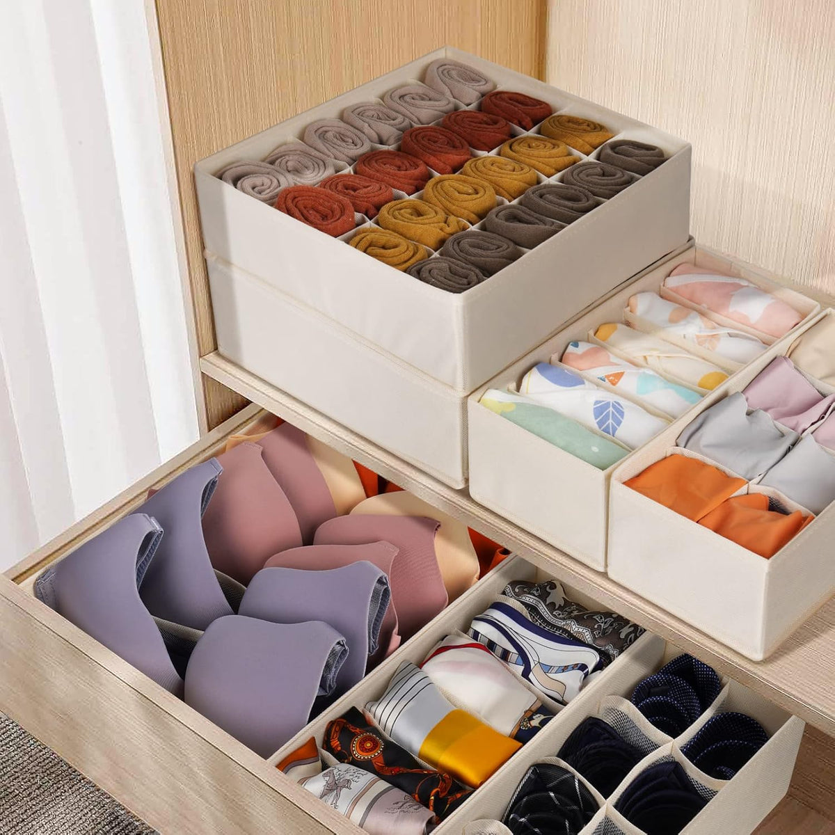 6 Pack Sock Underwear Drawer Organizer Dividers, 58 Cell Foldable Fabric Dresser Closet Organizers
