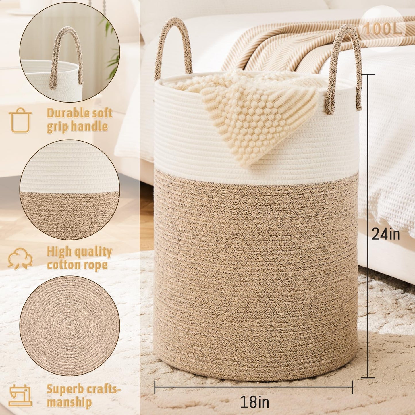 Laundry Basket,Woven Cotton Rope Laundry Hamper,100L for Decorative Storage of Dirty Clothes,Toys