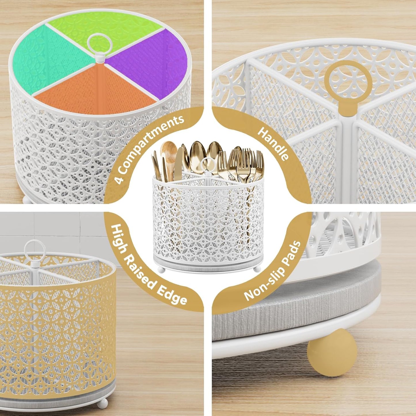 360° Rotating Kitchen Utensil Holder - Fast-Drying Utensils Caddy - 4 Compartment Flatware