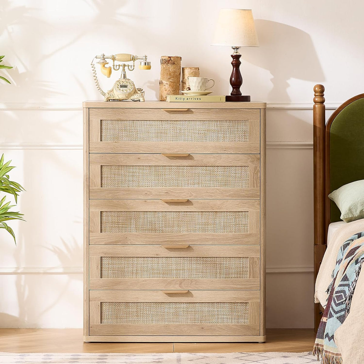 LEYAOYAO Rattan Dresser for Bedroom Set 2, 41" Tall Chest of Drawers, Modern 5 Drawers Boho