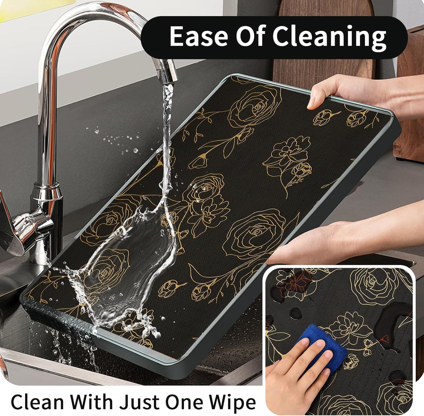 Shelf Liners for Kitchen Cabinets 12in x 20FT Non Adhesive Drawer Liner Black Floral Thickened