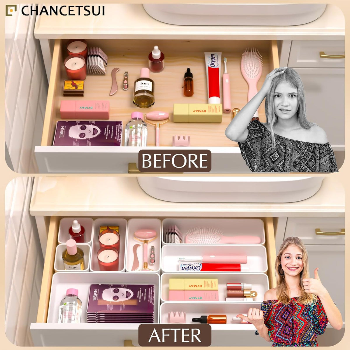 9 Pcs Stackable Drawer Organizer Trays Set, Multifunctional Stackable Storage Trays for Vanity