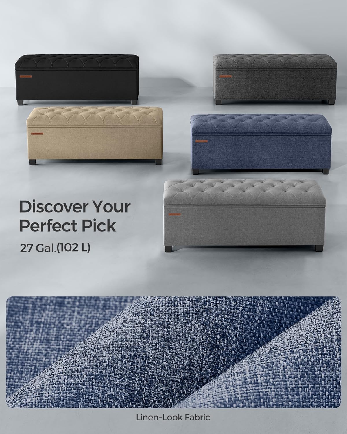SONGMICS Storage Ottoman Bench, Foot Rest with Legs, 15.7 x 43.3 x 15.7 Inches, End of Bed Bench