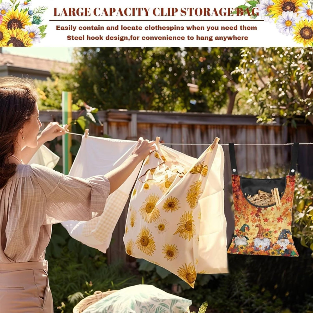 Autumn Goblins Clothespin Bag with Hanging Rope 14.5 x 12 Inch Summer Waterproof Laundry Clothes