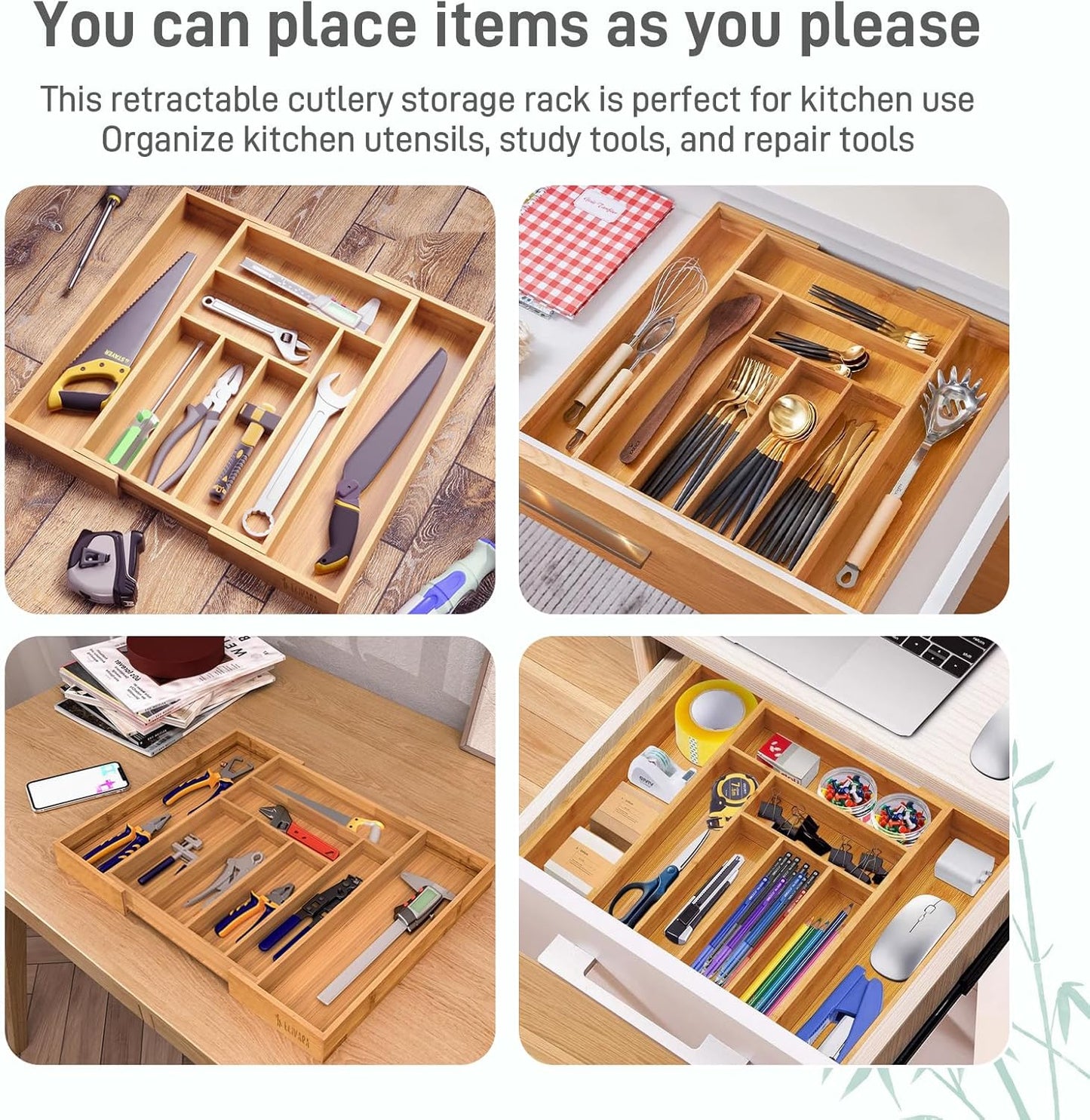 100% Bamboo Expandable Drawer Organizer - Adjustable Utensil and Cutlery Tray for Kitchen, Office