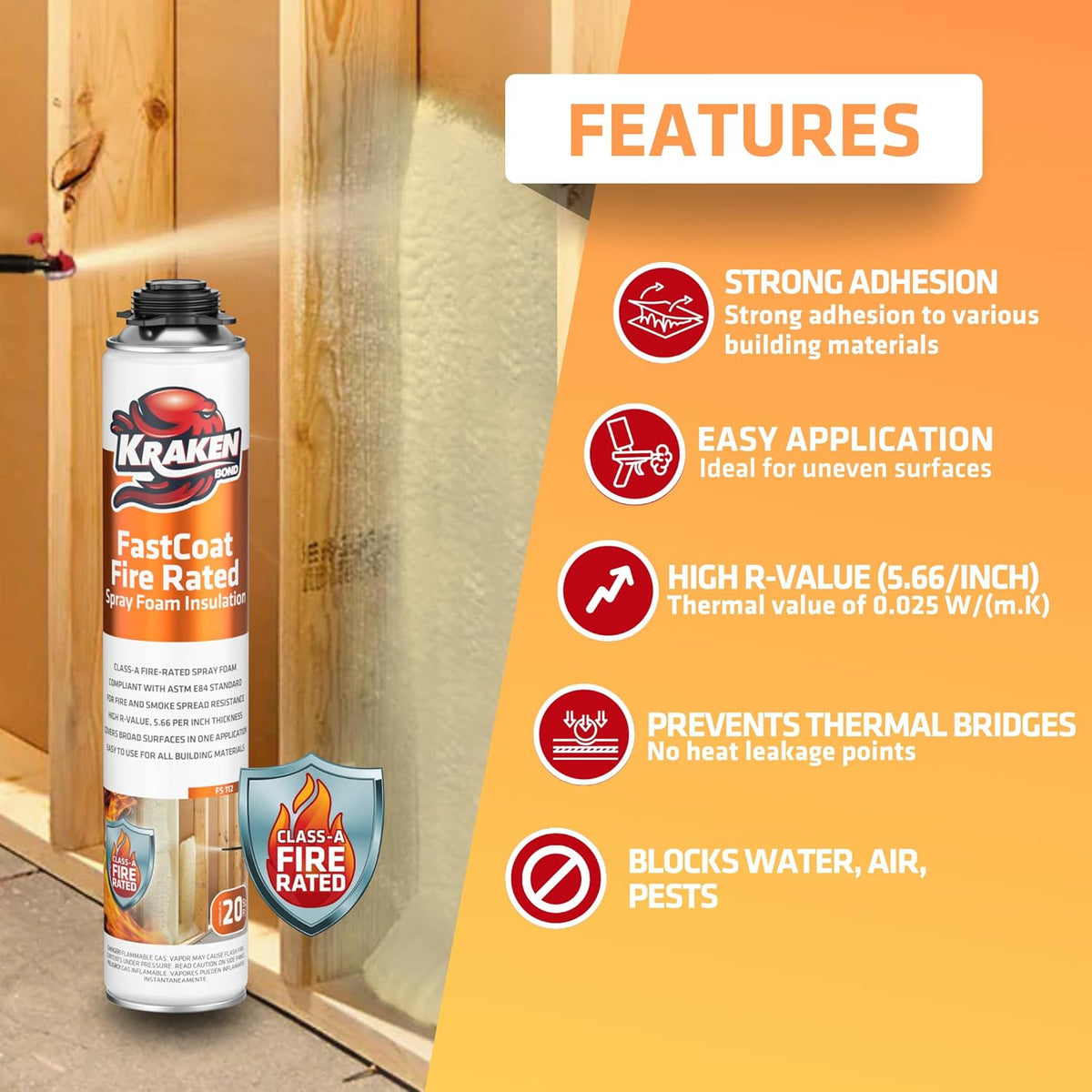 Kraken Bond Fastcoat Fire Rated Spray Foam Insulation Closed Cell in a Can 480 sq ft (24x27.1 oz.)