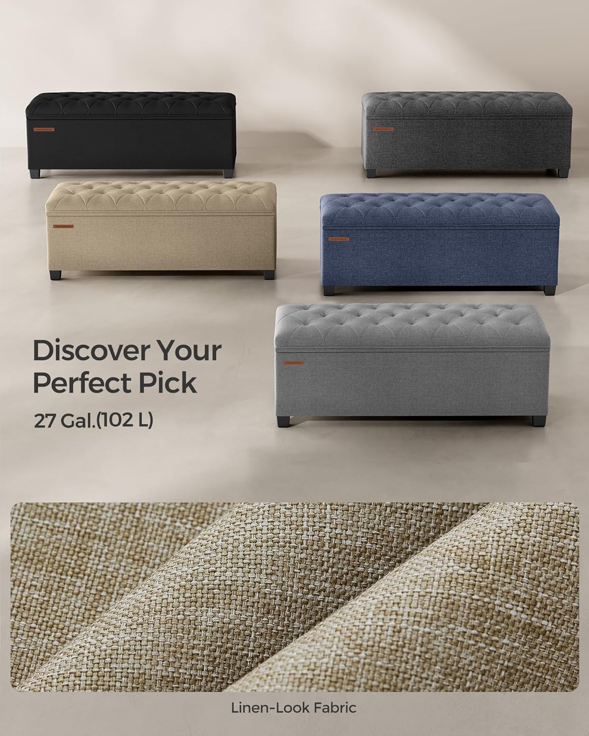 SONGMICS Storage Ottoman Bench, Foot Rest with Legs, 15.7 x 43.3 x 15.7 Inches, End of Bed Bench