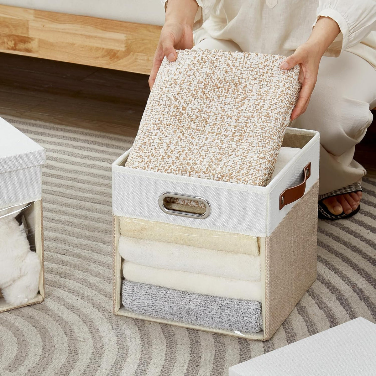 Fabric Storage Cubes with Clear Windows and Lids 11'' Foldable Storage Bins with 3 Handles