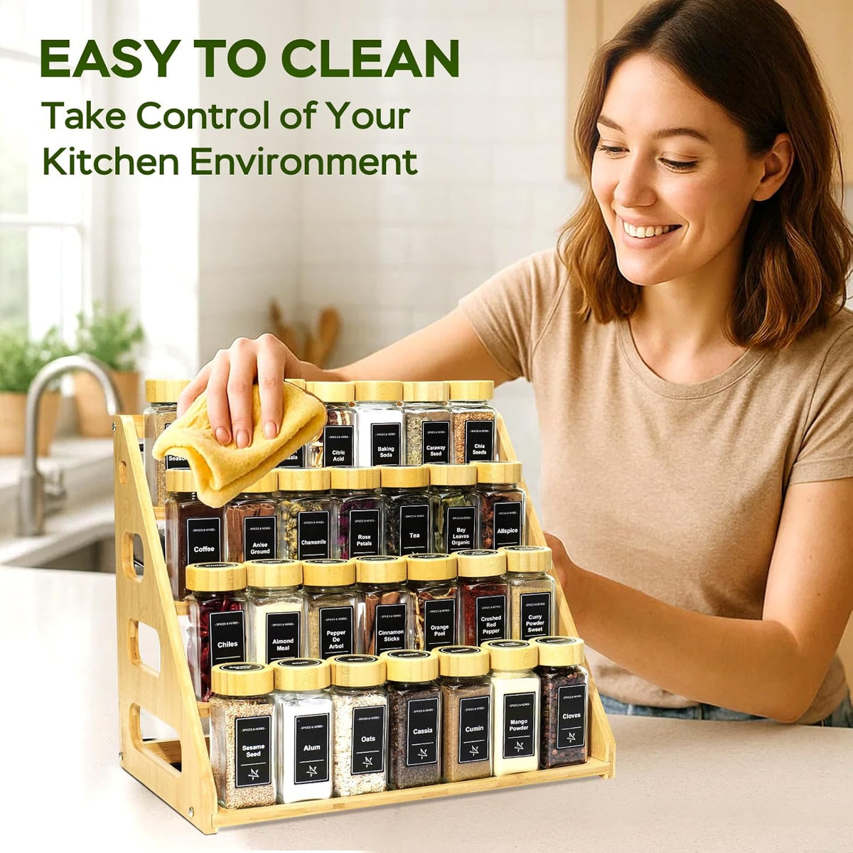 4 Tier Bamboo Spice Rack Organizer with 28 Spice Jars, 780 Labels, Wood Shelf, Chalk Marker and