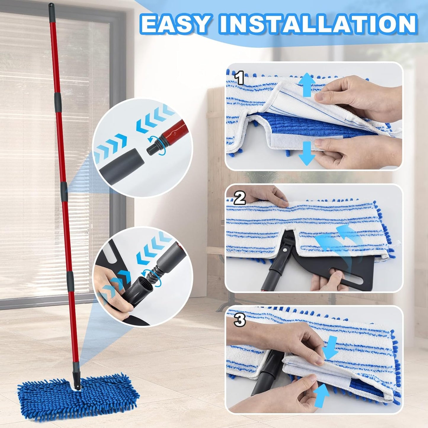 Microfiber Mops for Floor Cleaning, Flat Mop with 3 Reusable Pads and Extendable 58" Long Handle