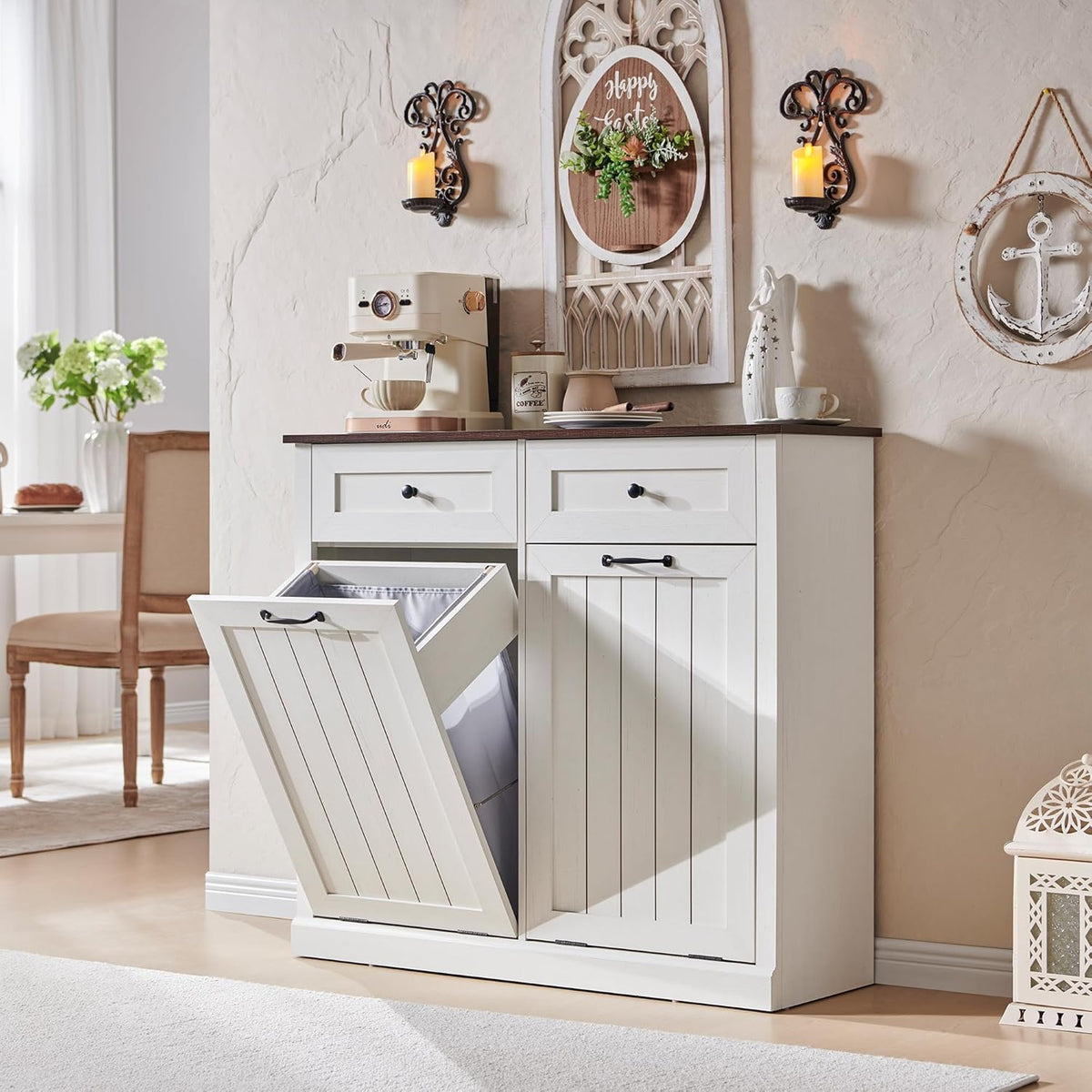 Double Tilt Out Laundry Hamper Cabinet, 20 Gallon Farmhouse Trash Can Cabinet with Drawer, Hidden