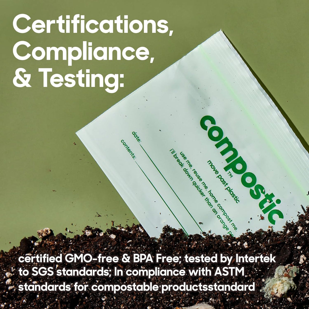 Compostic Home Compostable Resealable Snack Bags (6"x 3.5"), Microwave & Freezer Safe, Organic Food