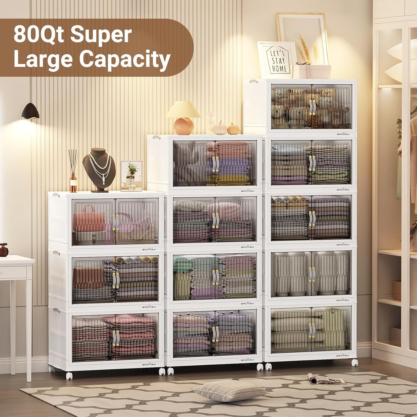 BROVIEW 240Qt Stackable Storage Bins with Lid, Extra Large Closet Organizer Collapsible Drawer