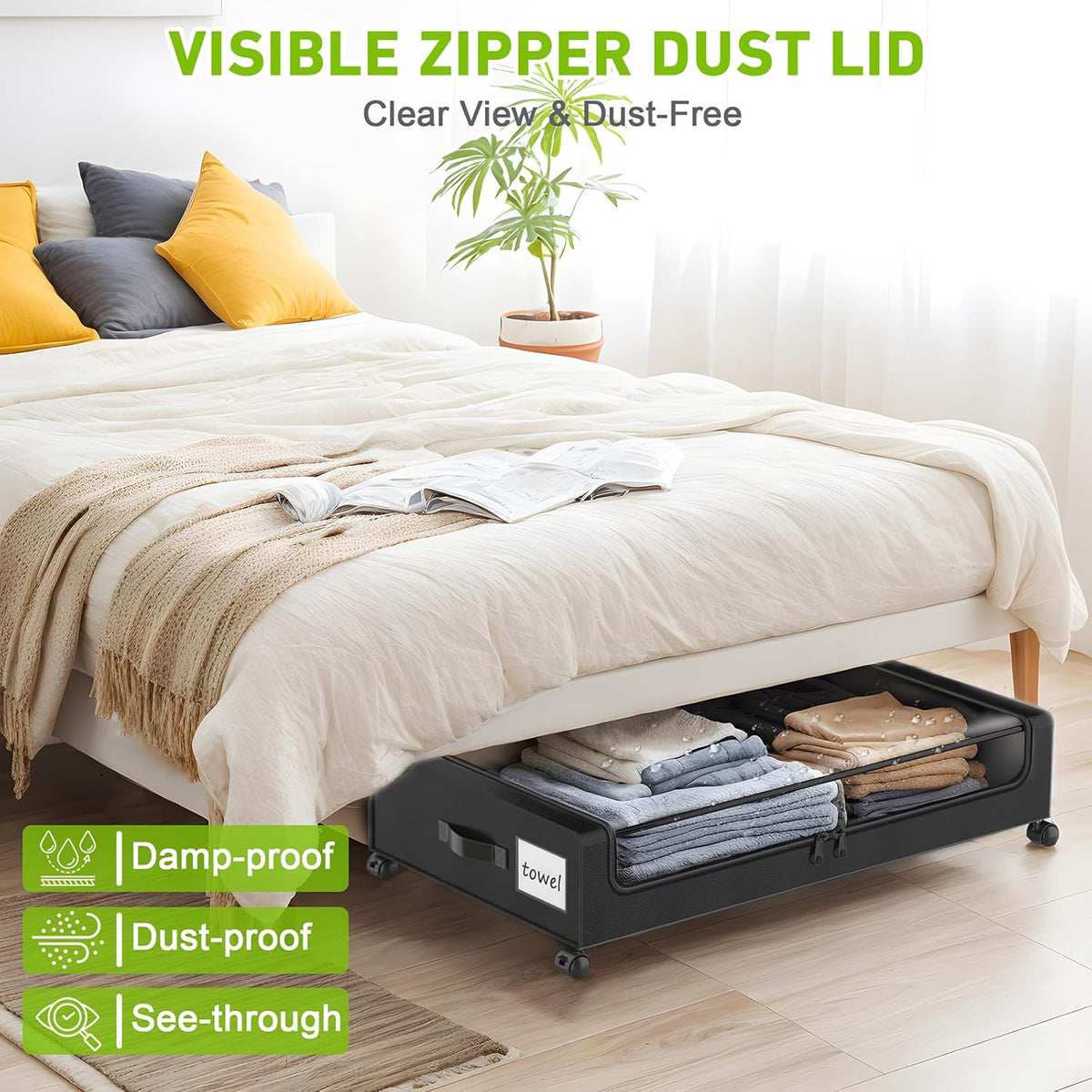 Under Bed Storage with Wheels, 4-Pack Under the Bed Storage Containers with Clear Lids & Label