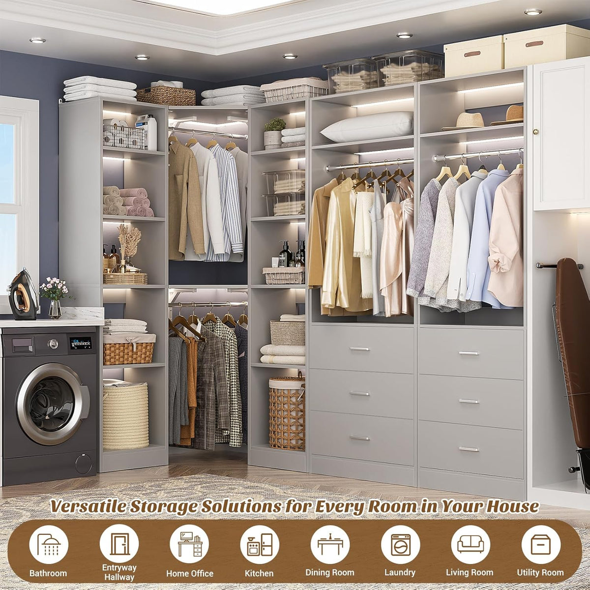 Corner Closet System with 6 Drawers, Closet Organizer System with 14 Shelves & 4 Hanging Rods