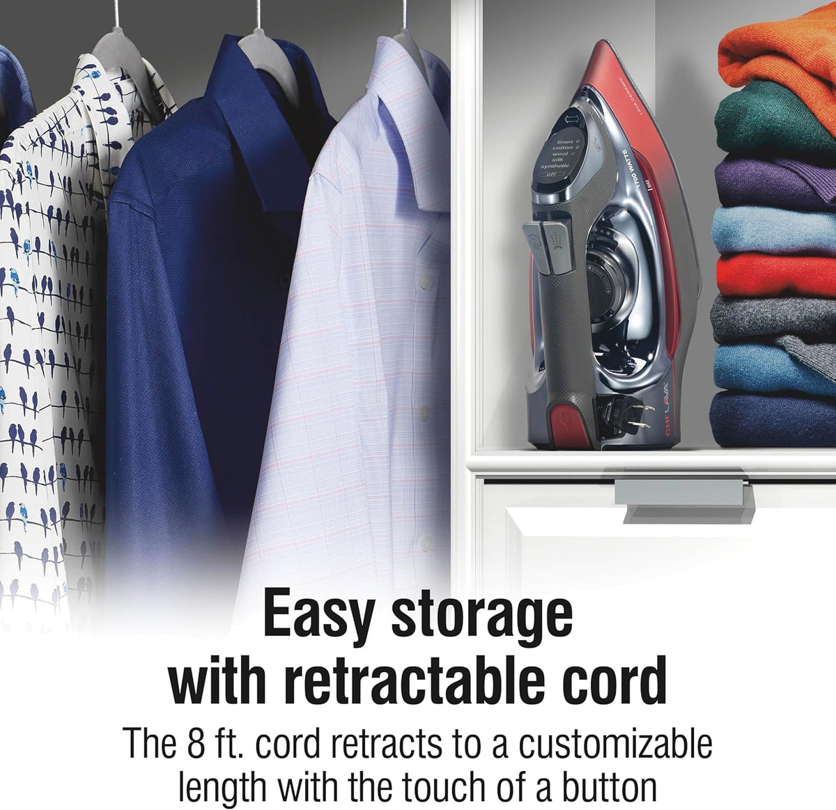 CHI Steam Iron for Clothes with 8’ Retractable Cord, 1700 Watts, 3-Way Auto Shutoff, 400+ Holes