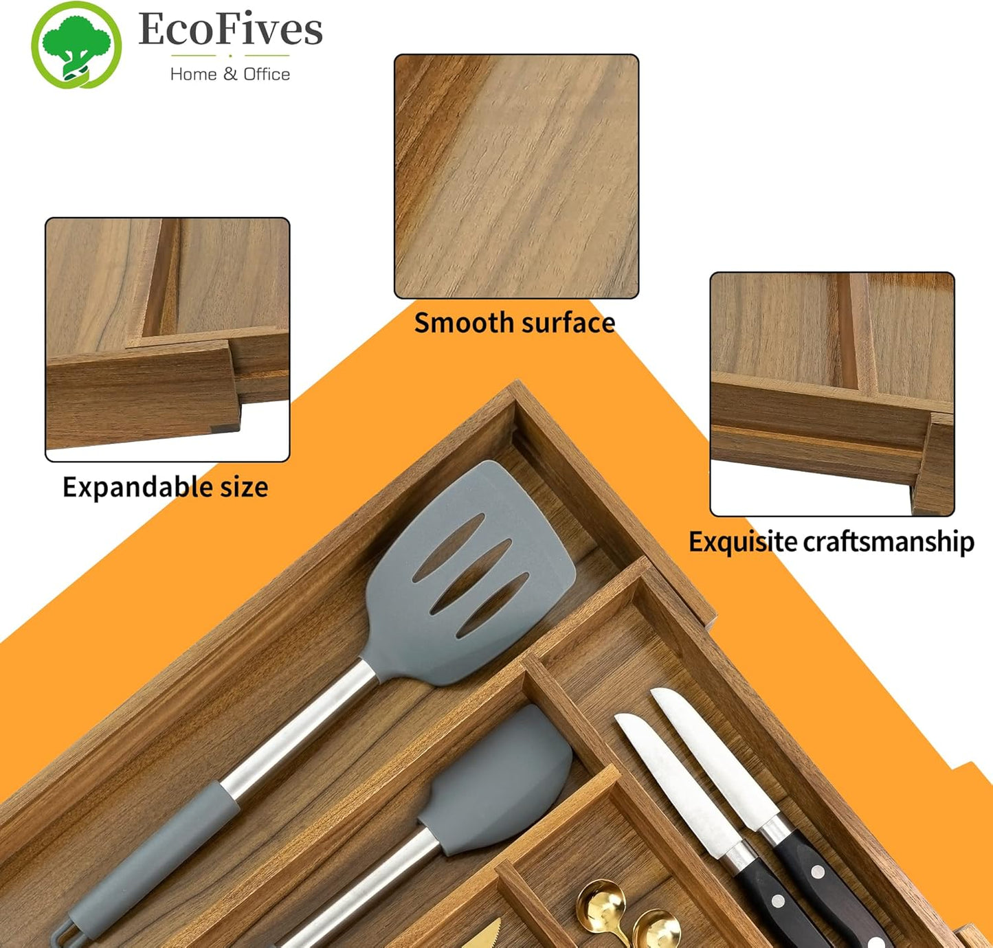 Luxury Acacia Kitchen Drawer Organizer - Silverware Organizer - Utensil Holder and Cutlery Tray