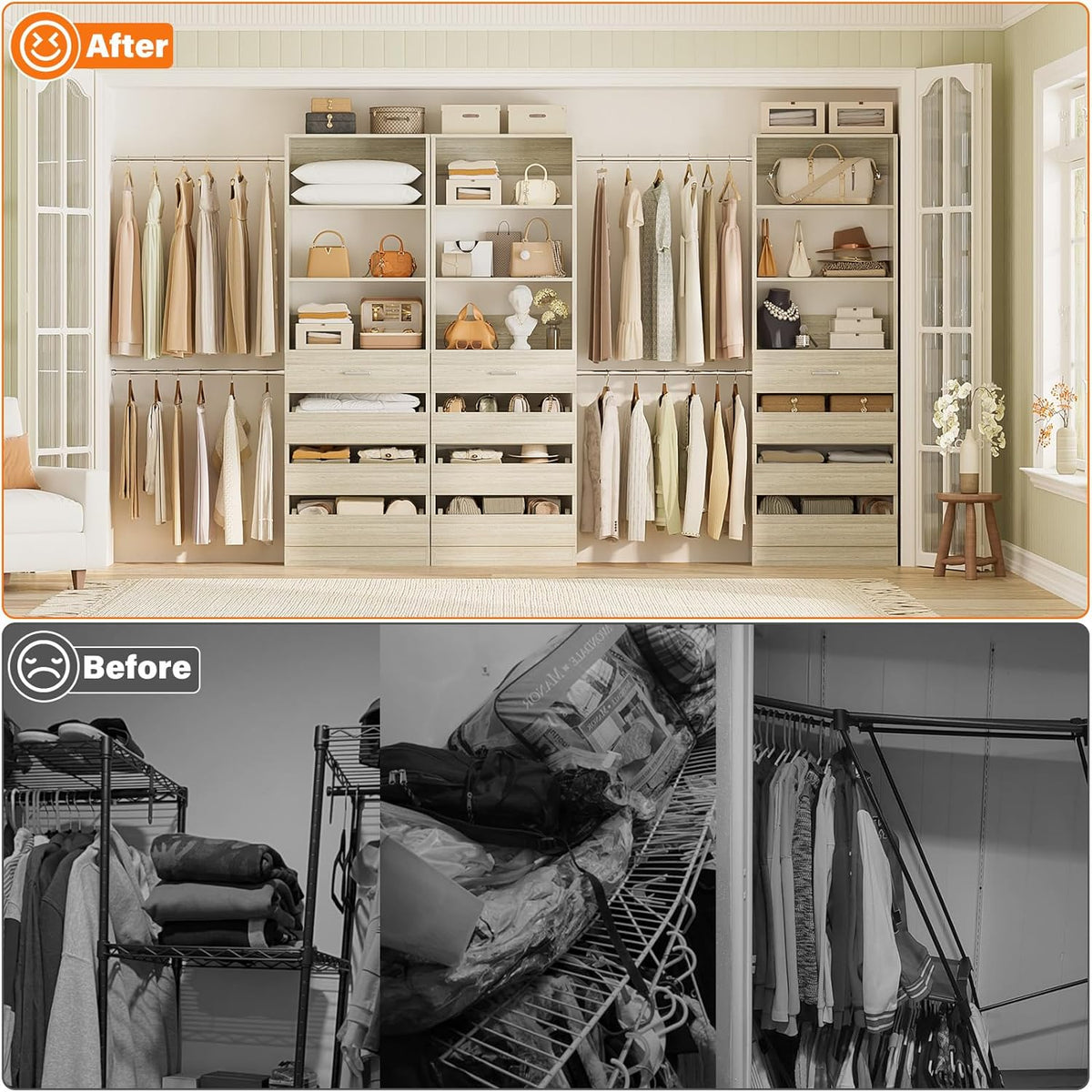 Aheaplus Closet System with 12 Drawers, 8.5-11.5Ft Wood Closet Organizer System with 4 Hanging Rods