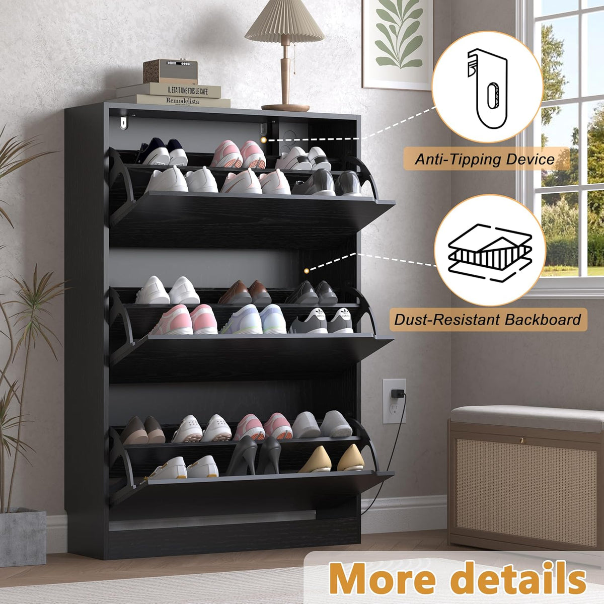 Shoe Cabinet with Odor Control and Back Panels, Deodorizing Slim 3-Flip Shoe Storage Cabinet for
