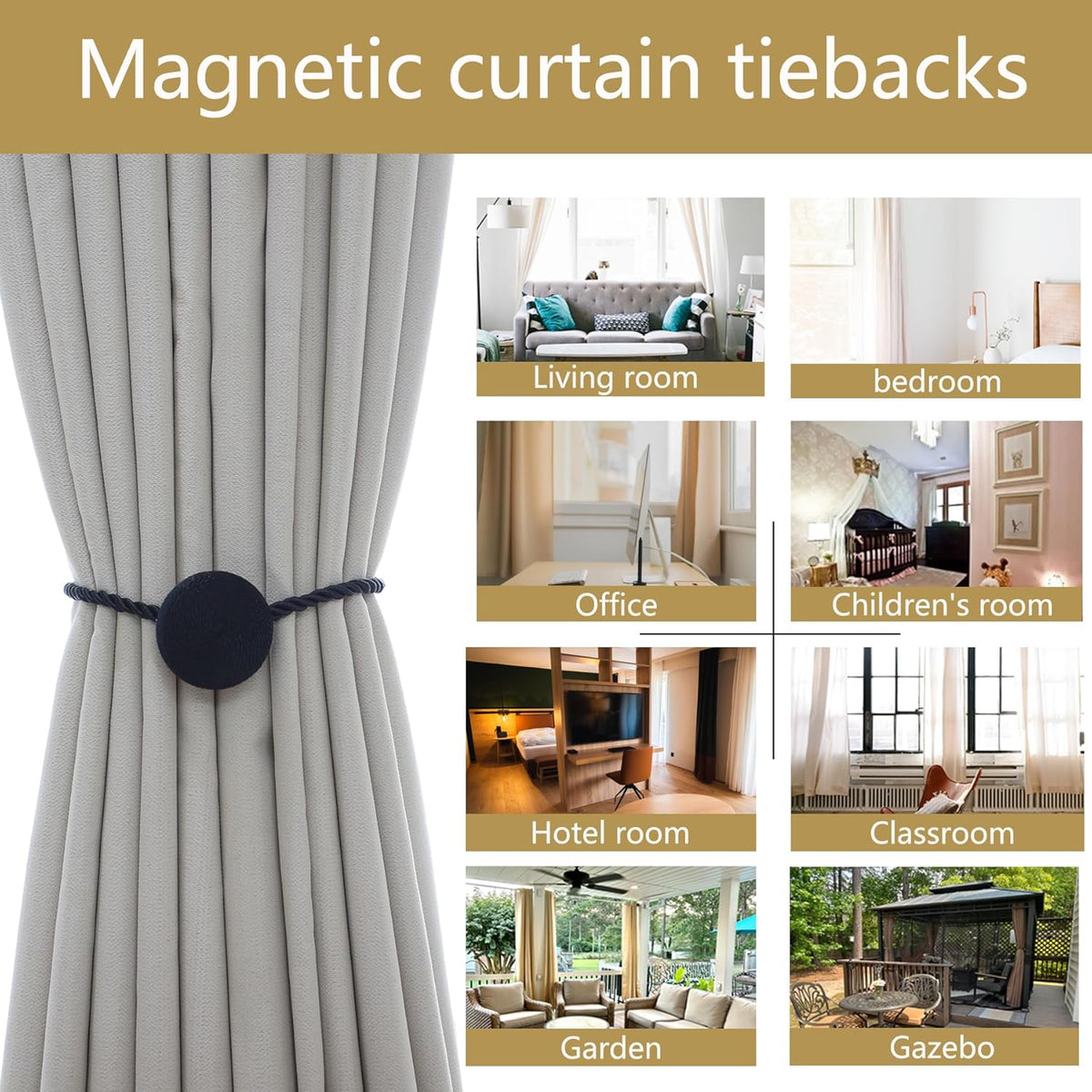 Magnetic Curtain Tiebacks - 12mm Magnetic Tie Backs for Curtains, Heavy Duty No Drill Curtain