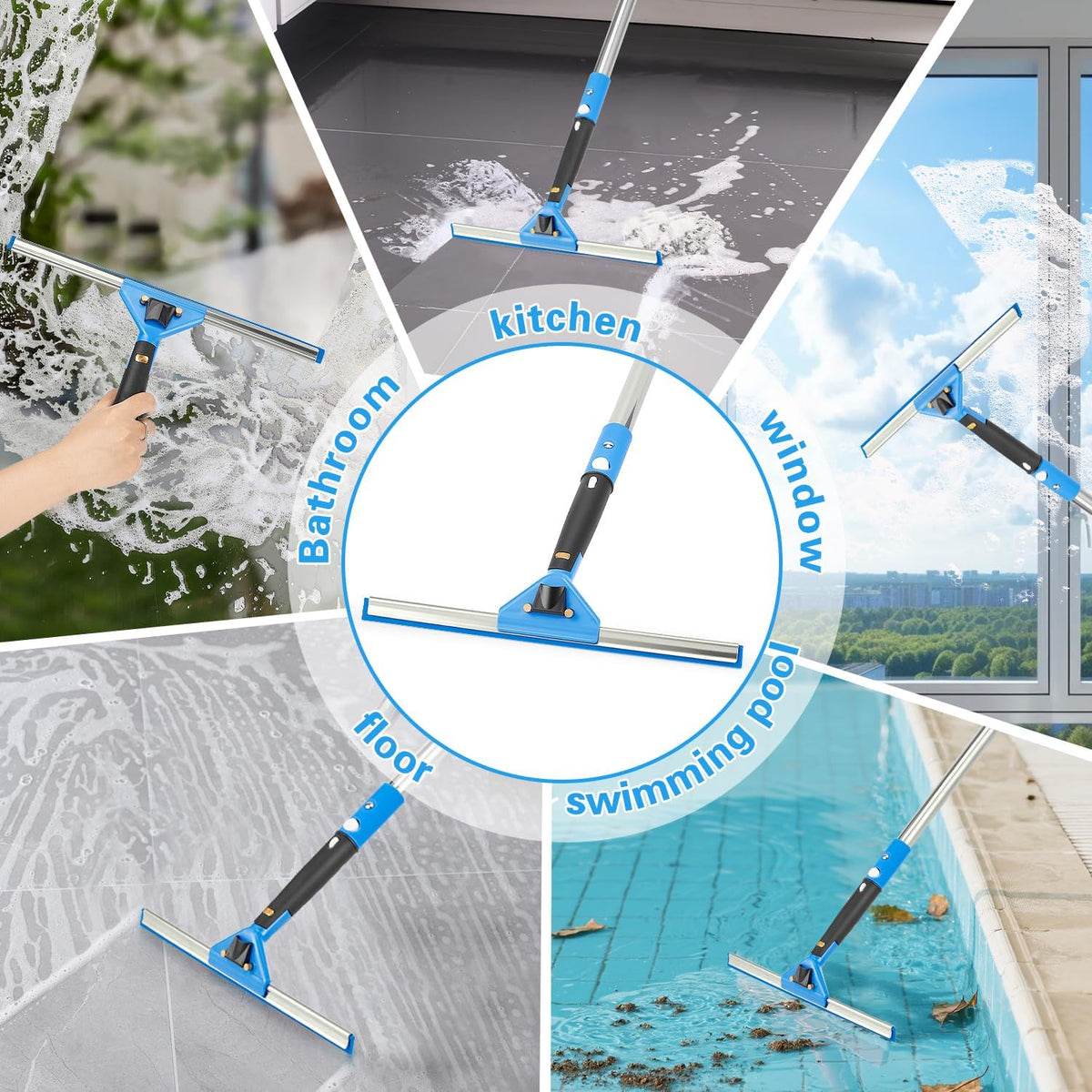 75'' Window Squeegee Cleaner Tool, Professional Window Cleaning Kit for Glass with 360° Rotation &