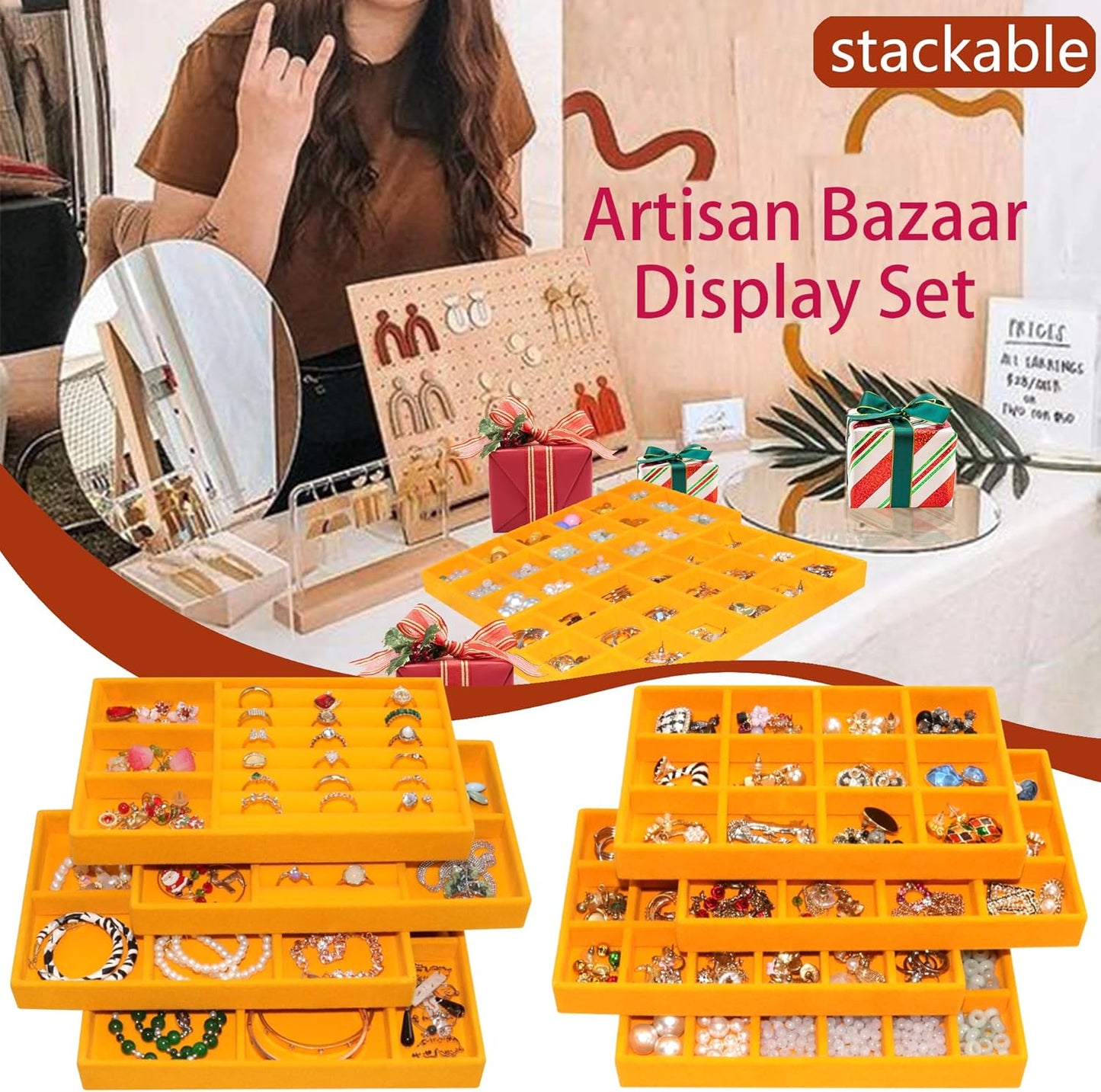Set of 8 Stackable Velvet Jewelry Trays Organizer Jewelry Display Storage Box Dresser Drawer