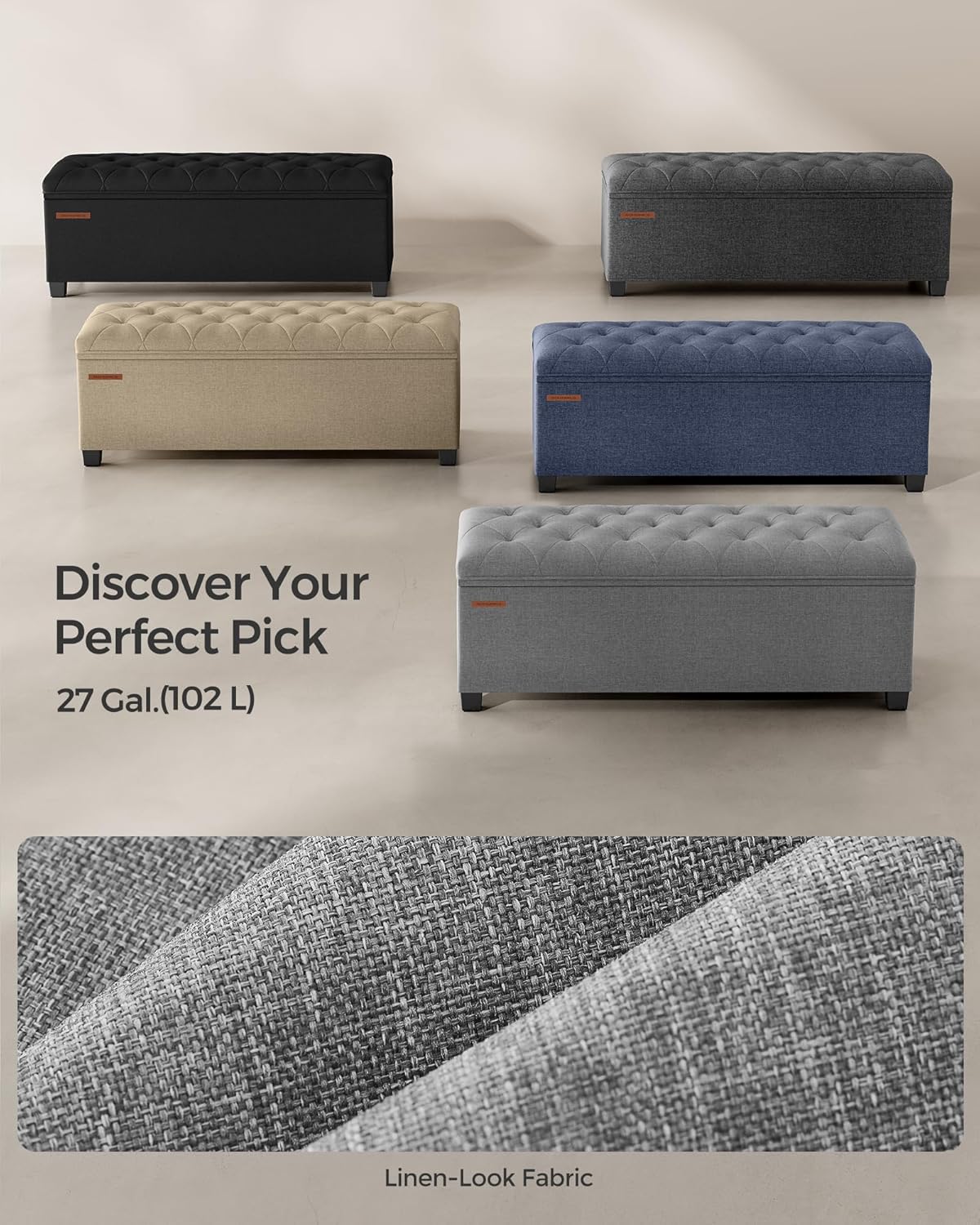 SONGMICS Storage Ottoman Bench, Foot Rest with Legs, 15.7 x 43.3 x 15.7 Inches, End of Bed Bench