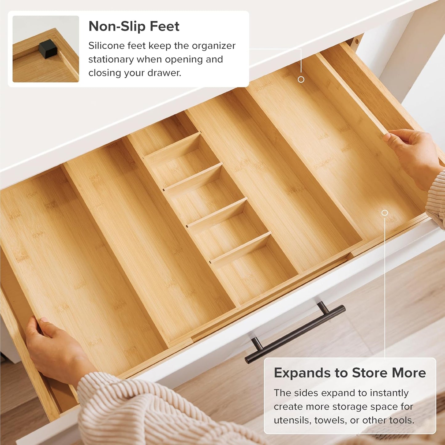 KitchenEdge Adjustable Kitchen Drawer Organizer for Utensils and Junk, Food-Safe Contract Grade