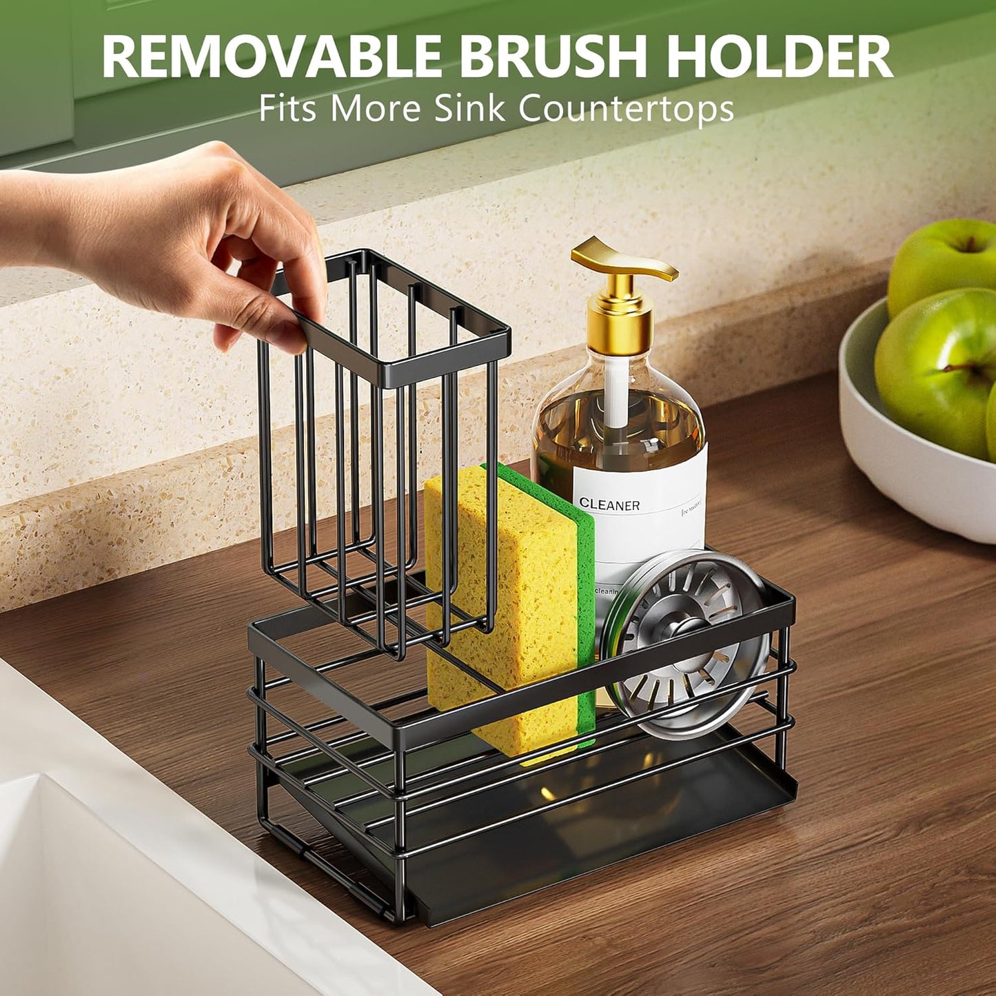 Cisily Sink Caddy Sponge Holder for Kitchen with Brush Holder and Stainless Steel Self Drain Tray