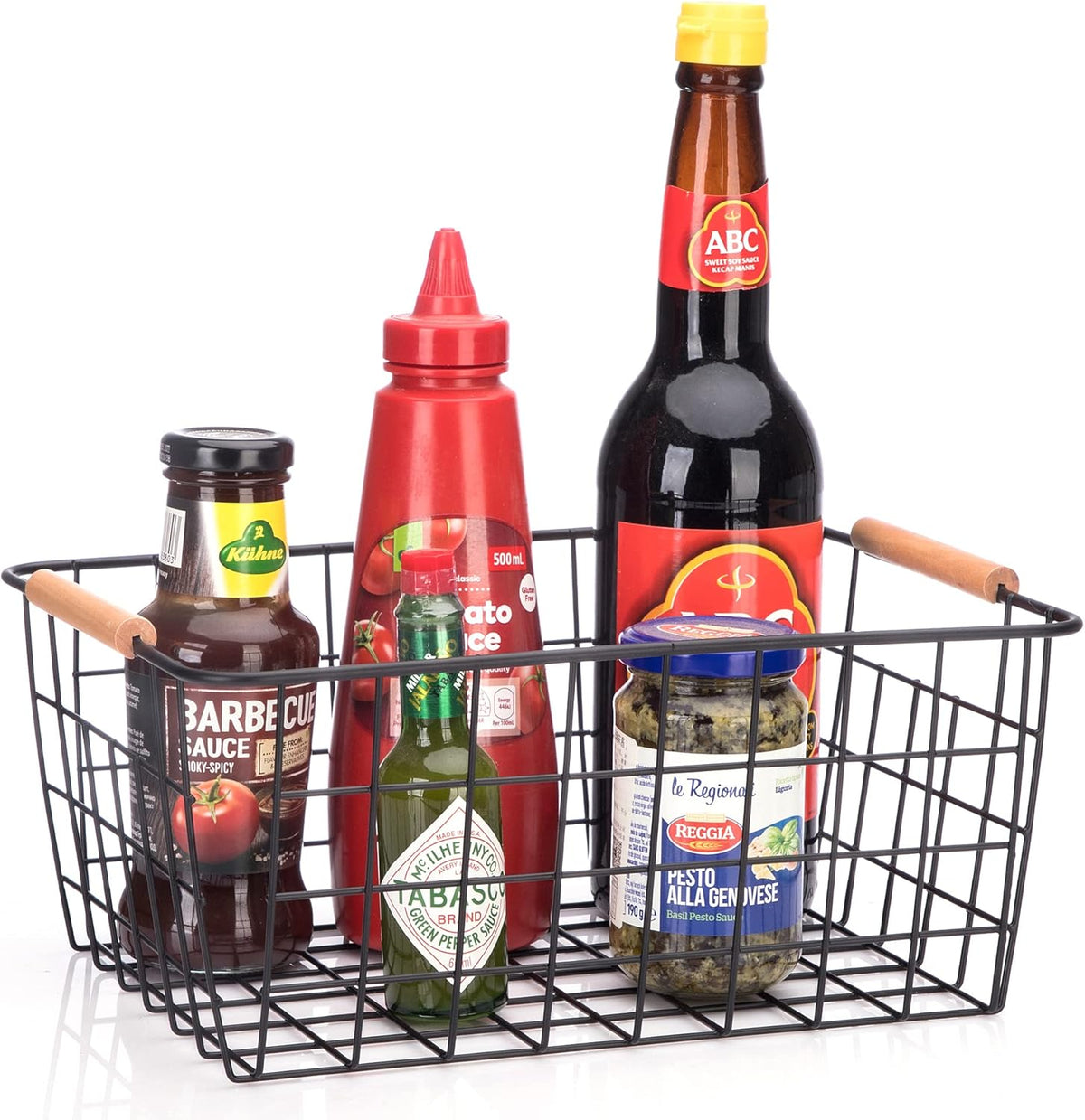 Metal Wire Food Storage Basket Organizer with Wooden Handles for Organizing pantry organizers and