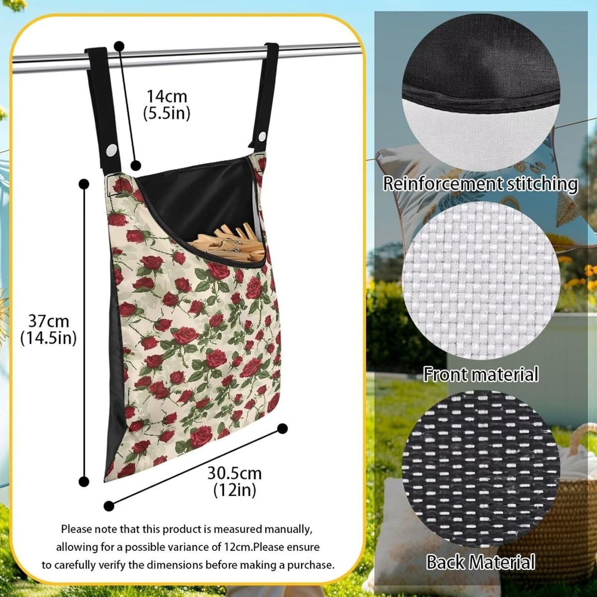 Rose Clothespin Bag Fashion Hanging Storage Organizer Clothes Pin Bag Waterproof Laundry Clothespin